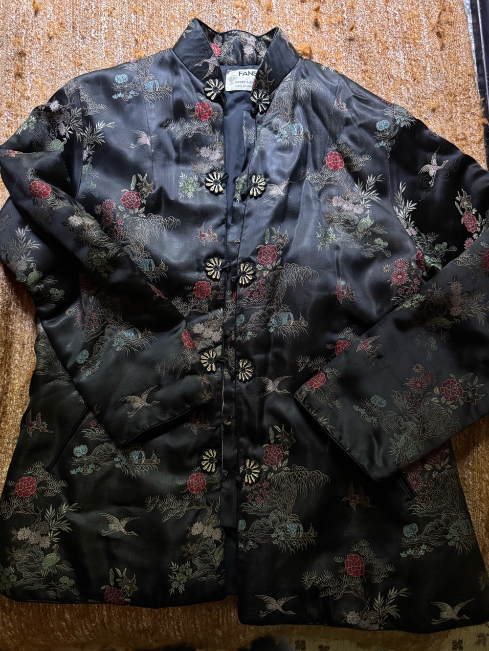 Vintage Black Silk Embroidered Floral Frog-Closure Jacket  M